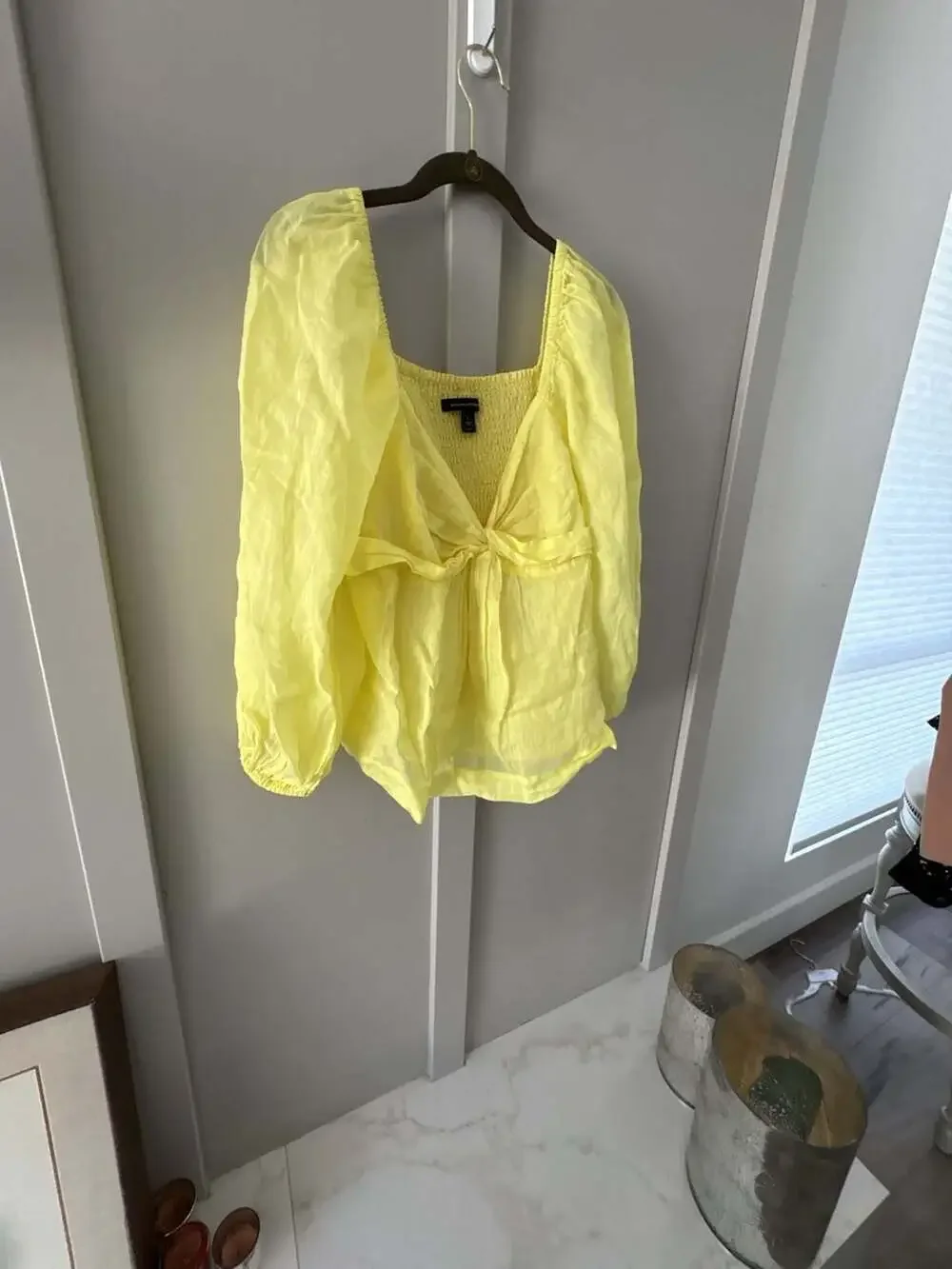 Banana Republic Yellow Twisted Front Puff Sleeve Smocked Square Neck Blouse